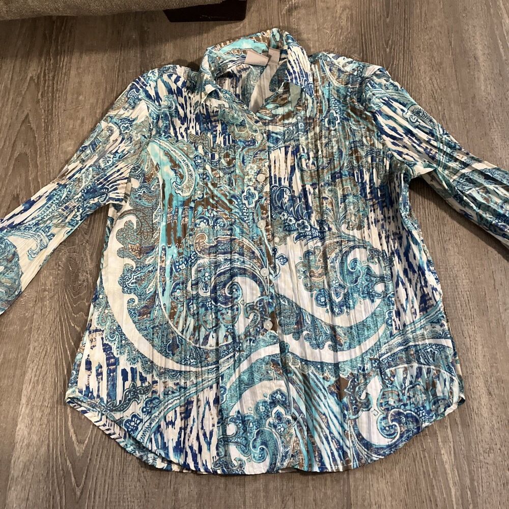 Chicos Womens Pleated Blue Paisley Collared Button Down Long Sleeve Size 1